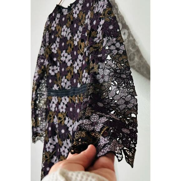 CYNTHIA ROWLEY Linden Purple Black Lace Floral Bell Sleeves Mini Dress Size 4 - Picture 6 of 13